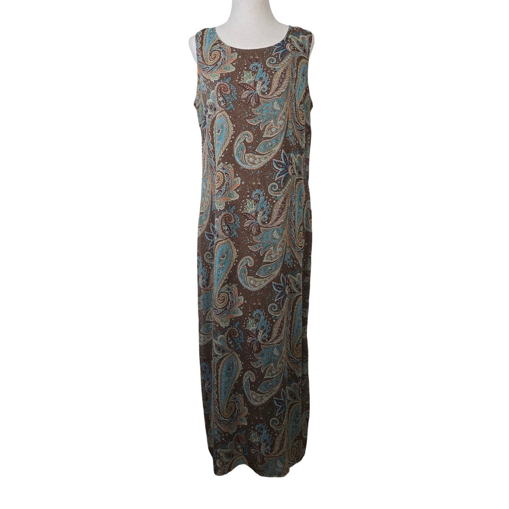 Kari New York Brown Paisley Sleeveless Maxi Dress Size 8 Boho Lined Y2K